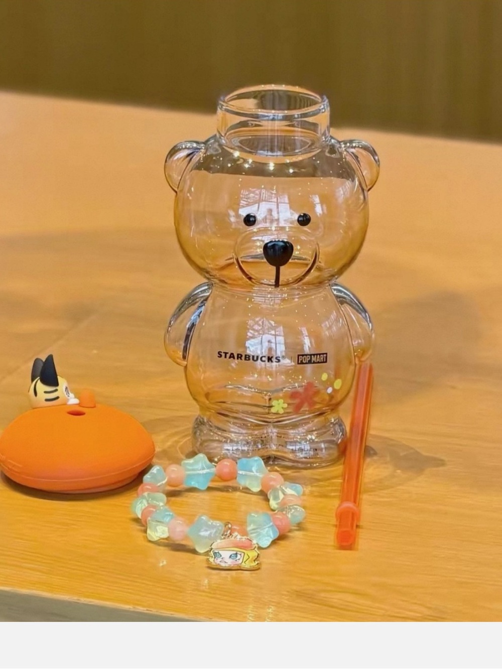 Starbucks Clear Bear Tumbler with Orange Lid and Pastel Beads - Picture 2 of 4